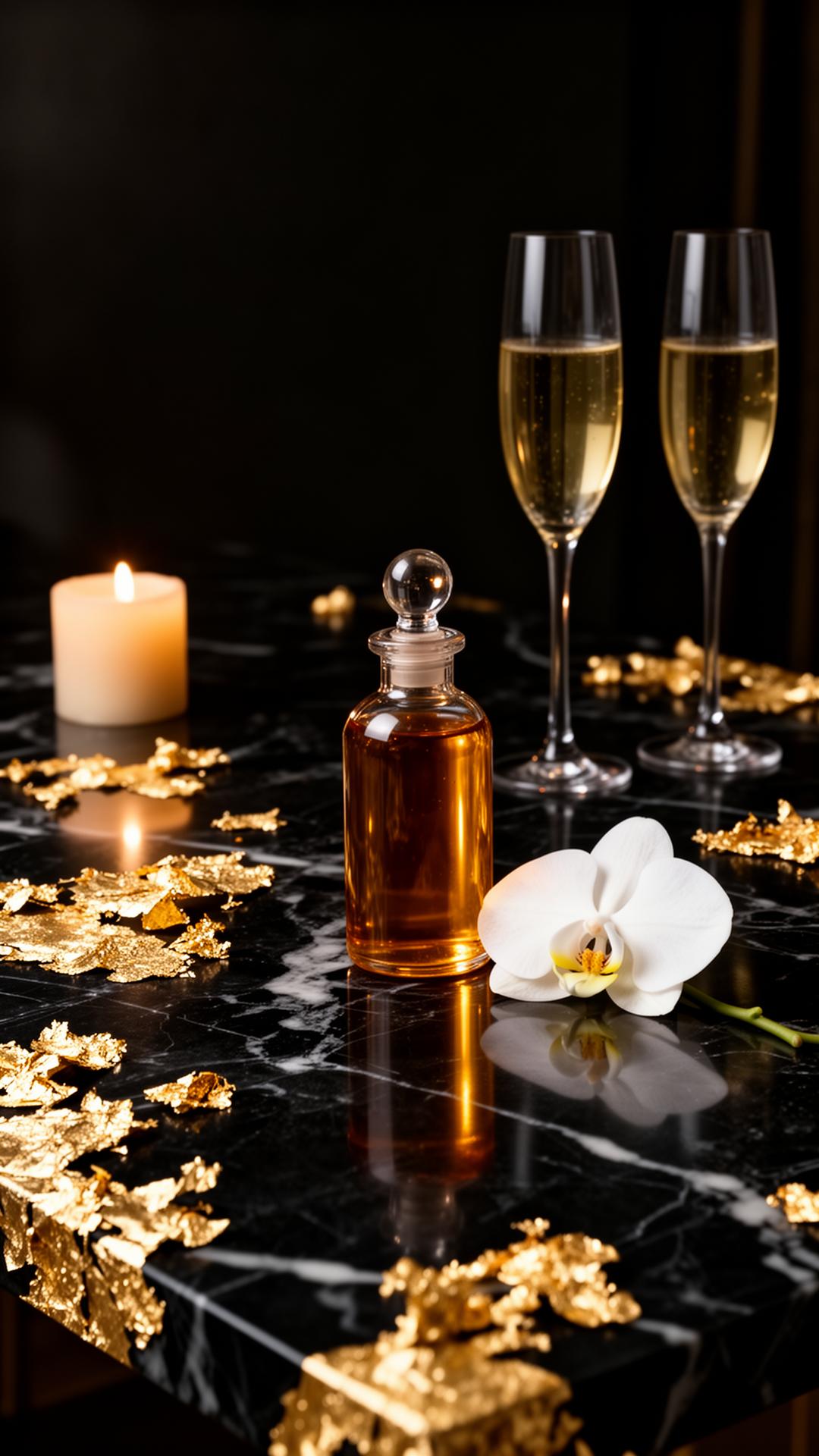 Warm oils and golden candlelight on black marble