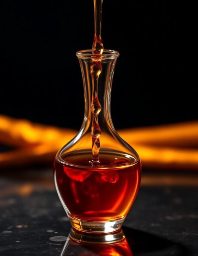 Crystal decanter pouring amber oil